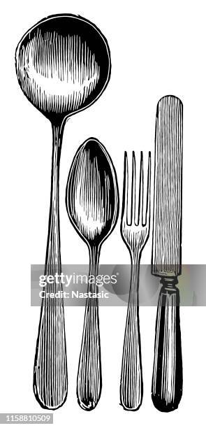 silver knife, fork and spoon - elegant spoon stock illustrations