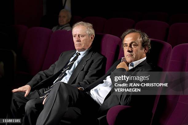 President Michel Platini and his father Aldo pose during an interview to French television after attending a general assembly of the Lorraine...