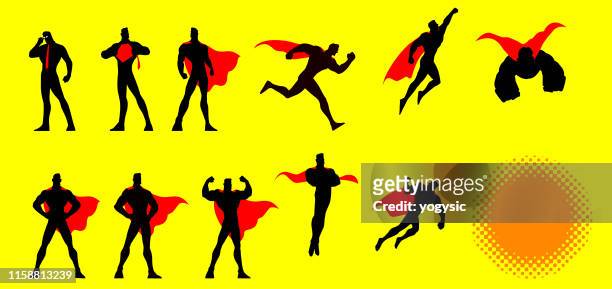 illustrazioni stock, clip art, cartoni animati e icone di tendenza di set pose supereroe vettoriale - ritratto