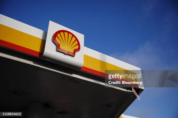 Signage is displayed outside a Royal Dutch Shell Plc gas station in Torrance, California, U.S., on Sunday, July 28, 2019. Royal Dutch Shell is...