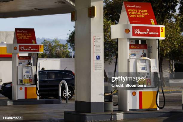 Fuel pumps stand at a Royal Dutch Shell Plc gas station in Torrance, California, U.S., on Sunday, July 28, 2019. Royal Dutch Shell is scheduled to...