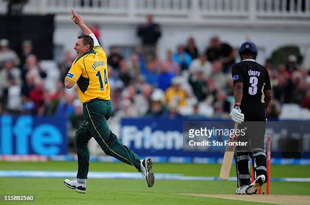Nottinghamshire bowler Darren Pattinson celebrates after taking the wicket of Warwickshire batsman Varun Chopra during the Friends Life T20 match...