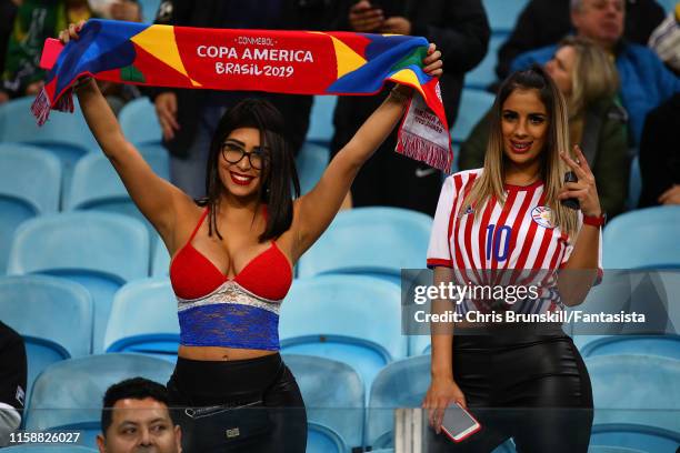 Paraguay fans look on during the Copa America Brazil 2019 quarterfinal match between Brazil and Paraguay at Arena do Gremio on June 27, 2019 in Porto...