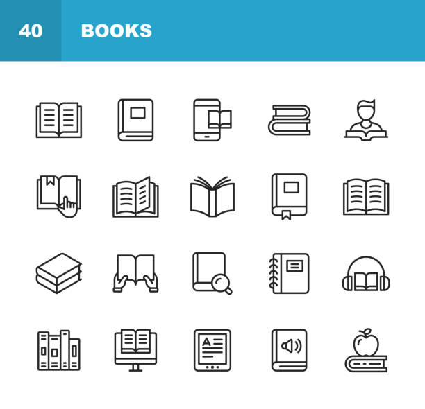 book line icons. editable stroke. pixel perfect. for mobile and web. contains such icons as book, open book, notebook, reading, writing, e-learning, audiobook. - book icon stock illustrations