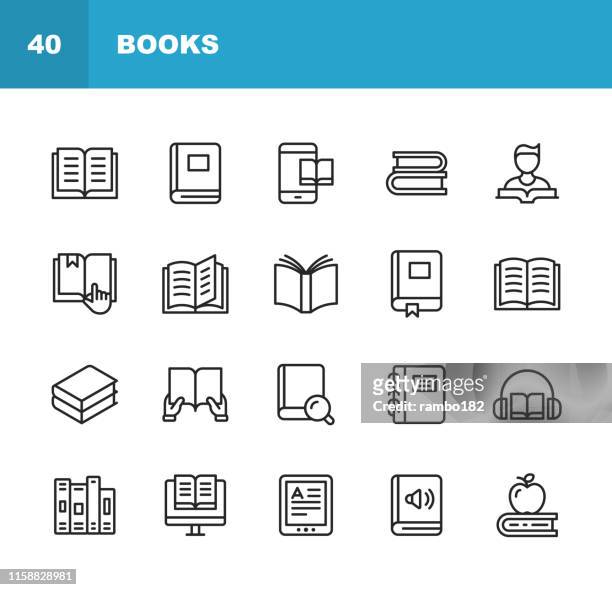 book line icons. editable stroke. pixel perfect. for mobile and web. contains such icons as book, open book, notebook, reading, writing, e-learning, audiobook. - e reader stock illustrations