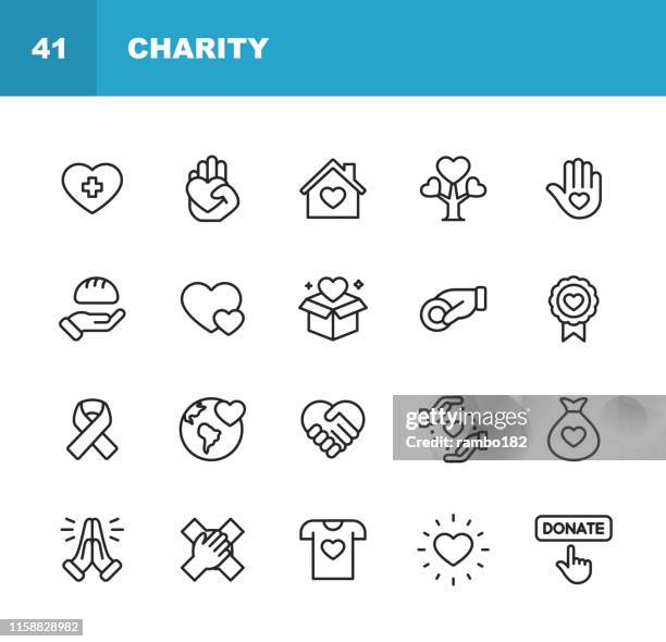 ilustrações, clipart, desenhos animados e ícones de ícones da linha da caridade e da doação. traçado editável. pixel perfeito. para mobile e web. contem tais ícones como a caridade, doação, dar, doação do alimento, trabalhos de equipa, relevo. - donate icon