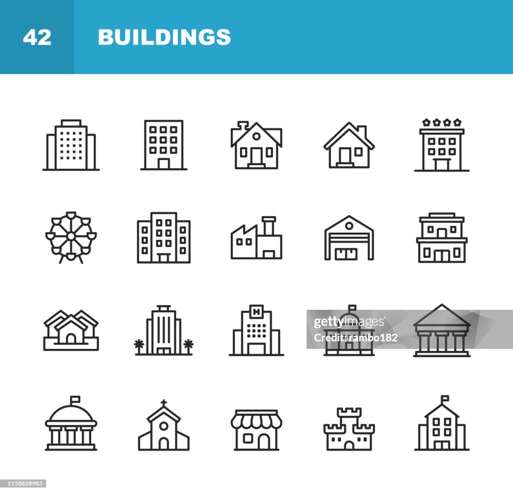 Gebäudelinie Icons. Bearbeitbarer Strich. Pixel perfekt. Für Mobile und Web. Enthält symboleweise Gebäude, Architektur, Bau, Immobilien, Haus, Haus, Schule, Hotel, Kirche, Schloss.
