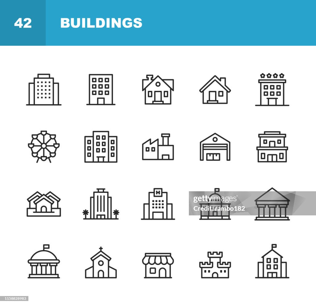 Ícones da linha do edifício. Traçado editável. Pixel perfeito. Para Mobile e Web. Contem tais ícones como o edifício, arquitetura, construção, bens imobiliários, casa, repouso, escola, Hotel, igreja, castelo.