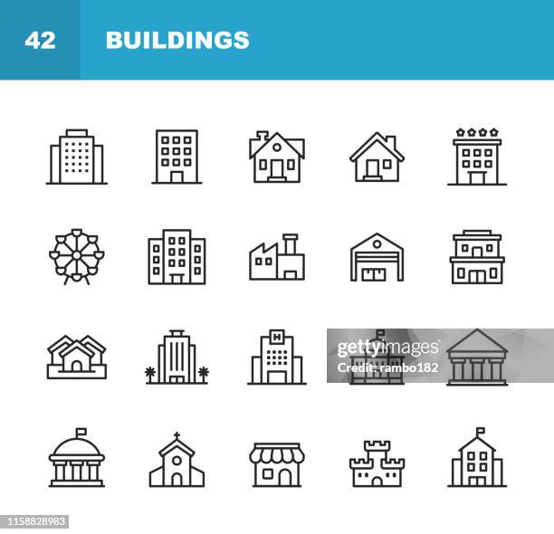 ilustrações, clipart, desenhos animados e ícones de ícones da linha do edifício. traçado editável. pixel perfeito. para mobile e web. contem tais ícones como o edifício, arquitetura, construção, bens imobiliários, casa, repouso, escola, hotel, igreja, castelo. - local religioso