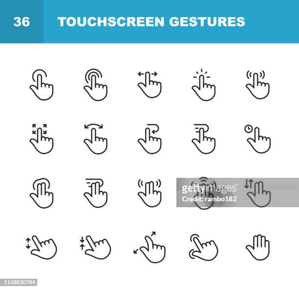 illustrations, cliparts, dessins animés et icônes de icônes de ligne de gestures d'écran tactile. accident vasculaire cérébral modifiable. pixel parfait. pour mobile et web. contient des icônes telles que l'écran tactile, gesture, main, pincement, zoom, glissement, tapping. - touching