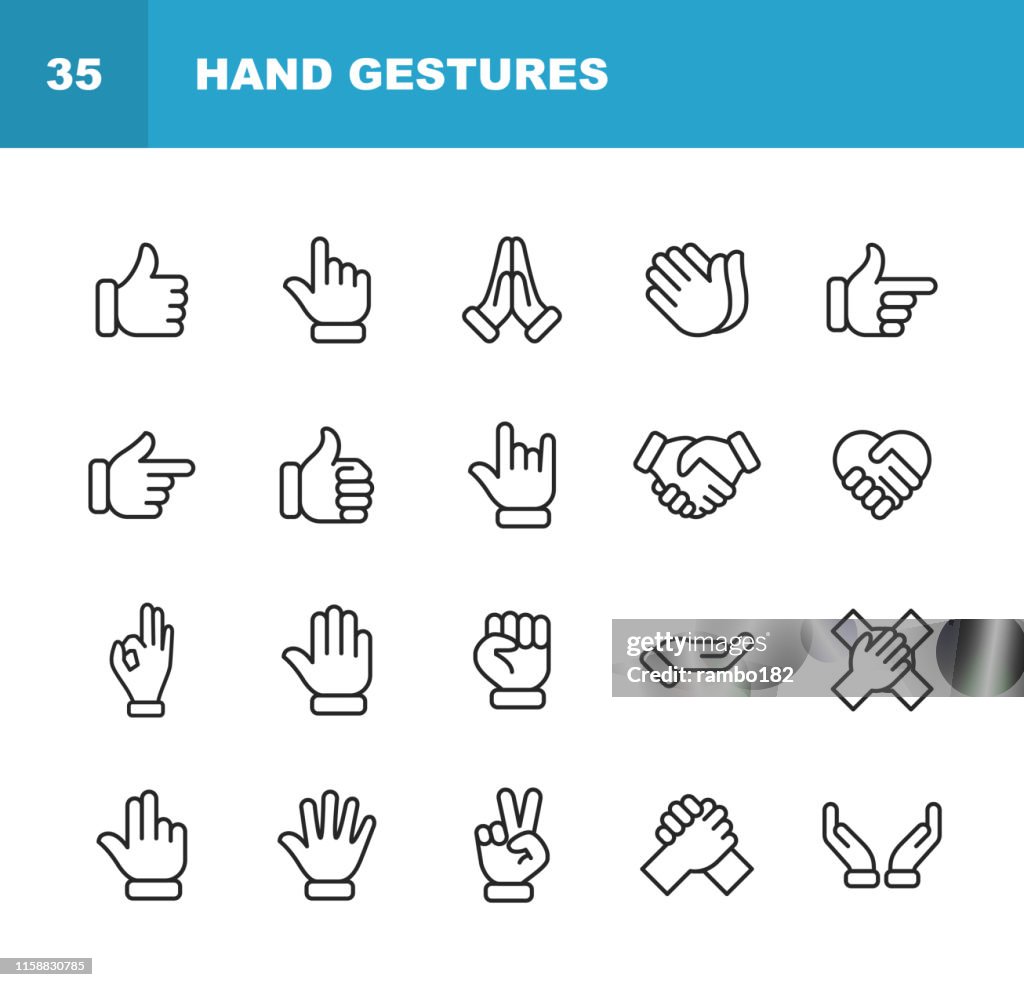 HandGesten Linie Icons. Bearbeitbarer Strich. Pixel perfekt. Für Mobile und Web. Enthält Symbole wie Geste, Hand, Nächstenliebe und Hilfsarbeit, Finger, Gruß, Handshake, Eine helfende Hand, Klatschen, Teamarbeit.