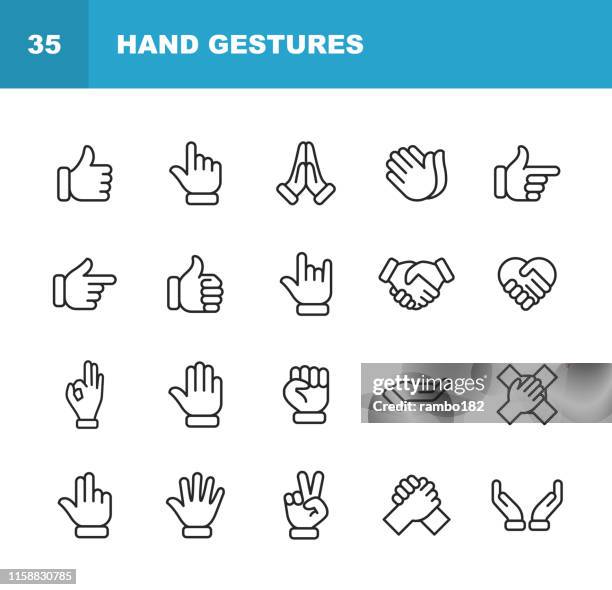 手のジェスチャーラインアイコン。編集可能なストローク。ピクセルパーフェクト。モバイルとウェブ用。ジェスチャー、手、慈善と救済作業、指、挨拶、握手、救いの手、拍手、チームワ� - 手のしぐさ点のイラスト素材／クリップアート素材／マンガ素材／アイコン素材