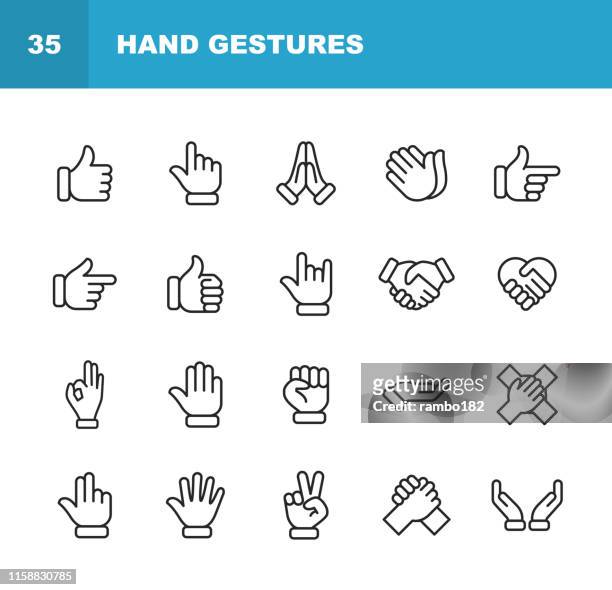 ilustrações de stock, clip art, desenhos animados e ícones de hand gestures line icons. editable stroke. pixel perfect. for mobile and web. contains such icons as gesture, hand, charity and relief work, finger, greeting, handshake, a helping hand, clapping, teamwork. - hand