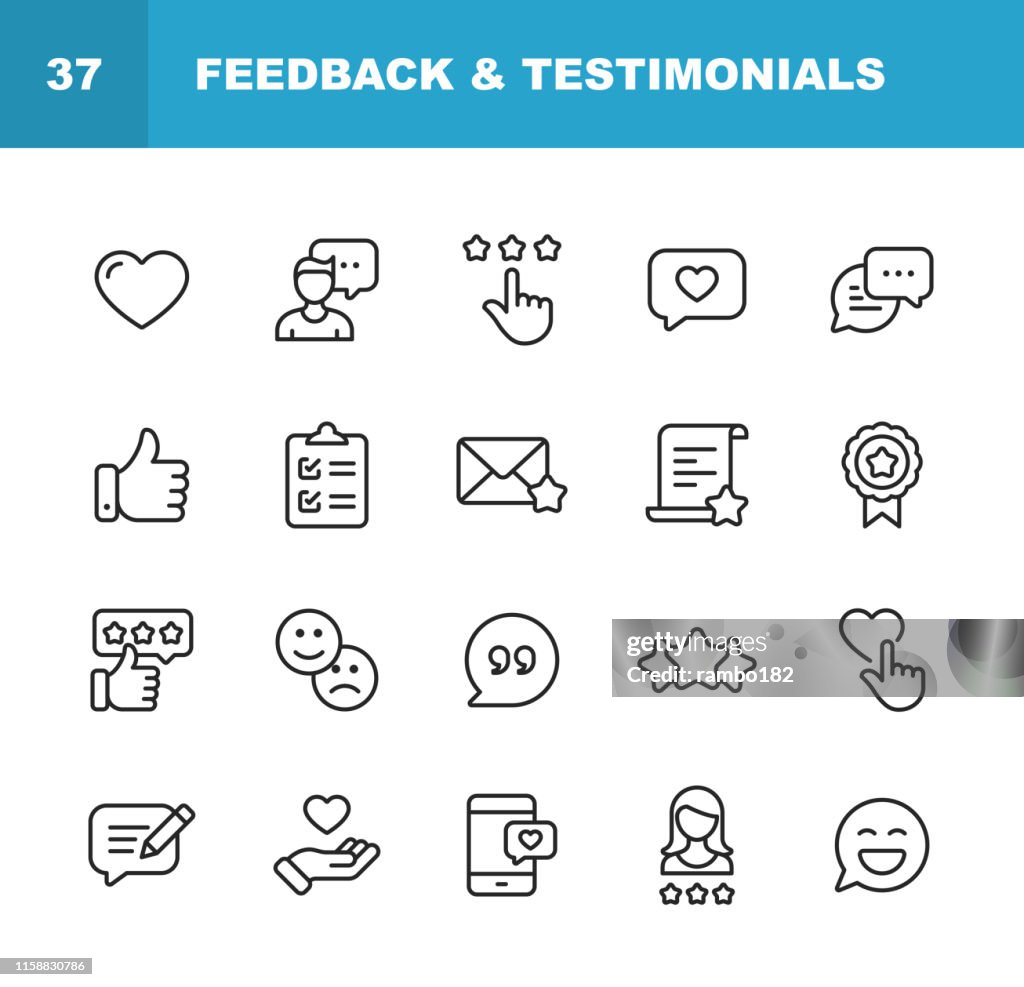 Feedback und Testimonials Line Icons. Bearbeitbarer Strich. Pixel perfekt. Für Mobile und Web. Enthält Symbole wie Feedback, Testimonials, Survey, Review, Zwischenablage, Happy Face, Like Button, Daumen nach oben, Abzeichen.
