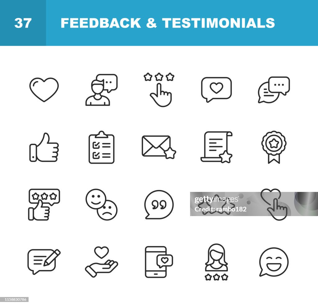 Feedback and Testimonials Line Icons. Editable Stroke. Pixel Perfect. For Mobile and Web. Contains such icons as Feedback, Testimonials, Survey, Review, Clipboard, Happy Face, Like Button, Thumbs Up, Badge.