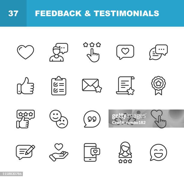 feedback and testimonials line icons. editable stroke. pixel perfect. for mobile and web. contains such icons as feedback, testimonials, survey, review, clipboard, happy face, like button, thumbs up, badge. - hands happy stock illustrations