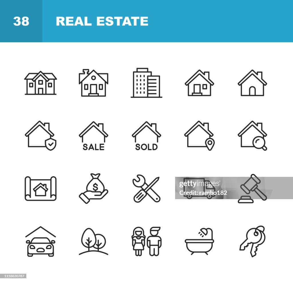 Immobilien Linie Icons. Bearbeitbarer Strich. Pixel perfekt. Für Mobile und Web. Enthält Symbole wie Gebäude, Familie, Schlüssel, Hypothek, Bau, Haushalt, Umzug, Renovierung, Blaupause, Garage.