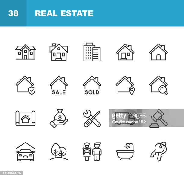 real estate line icons. editable stroke. pixel perfect. for mobile and web. contains such icons as building, family, keys, mortgage, construction, household, moving, renovation, blueprint, garage. - house stock illustrations