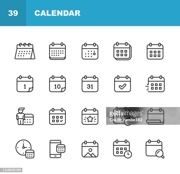 kalender-linien-symbole. bearbeitbarer strich. pixel perfekt. für mobile und web. enthält symbole wie kalender, termin, feiertag, uhr, zeit, deadline. - woche stock-grafiken, -clipart, -cartoons und -symbole