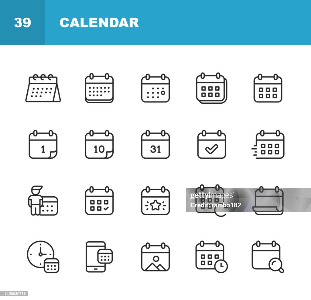 Iconos de línea de calendario. Trazo editable. Píxel perfecto. Para móviles y web. Contiene iconos como Calendario, Cita, Vacaciones, Reloj, Hora, Fecha límite.
