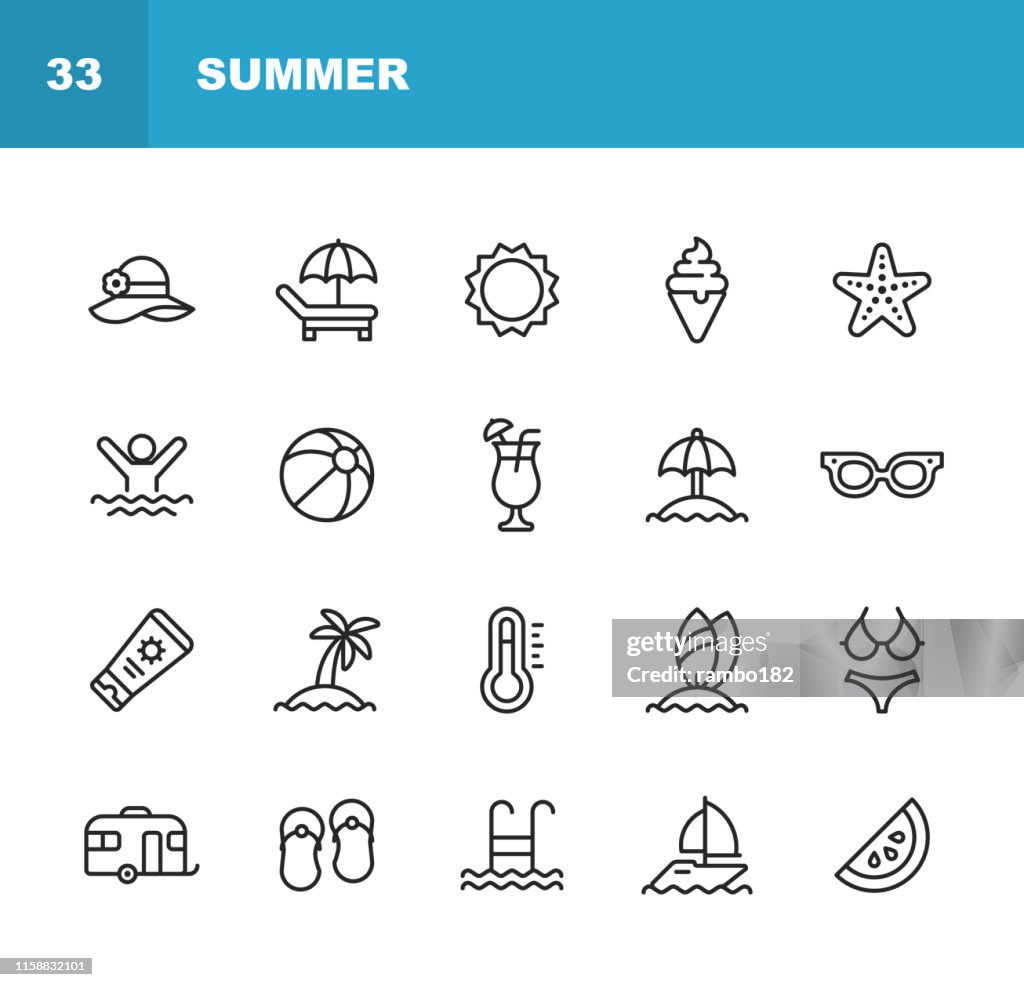 Icônes de ligne d'été. Accident vasculaire cérébral modifiable. Pixel Parfait. Pour Mobile et Web. Contient des icônes telles que Summer, Beach, Party, Sunbed, Sun, Swimming, Travel, Watermelon, Cocktail, Beach Ball, Cruise, Palm Tree.