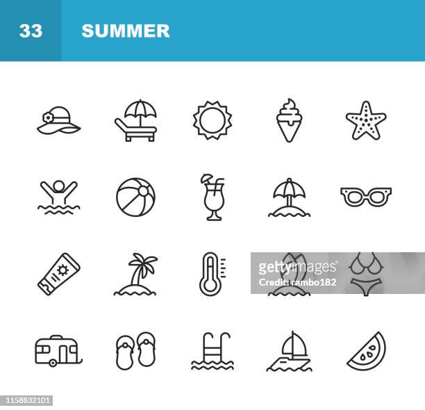 summer line icons. editable stroke. pixel perfect. for mobile and web. contains such icons as summer, beach, party, sunbed, sun, swimming, travel, watermelon, cocktail, beach ball, cruise, palm tree. - holiday stock illustrations