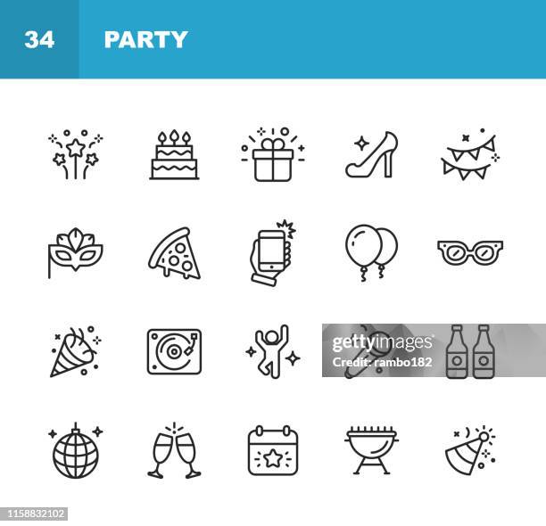 stockillustraties, clipart, cartoons en iconen met partijlijn iconen. bewerkbare lijn. pixel perfect. voor mobiel en web. bevat pictogrammen als partij, decoratie, disco bal, dansen, nachtleven, selfie, fast food, bier, glazen, cadeau, cake. - selfie