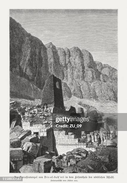 mortuary temple of hatshepsut, deir el-bahari, egypt, woodcut, published 1879 - ancient egyptian culture stock illustrations