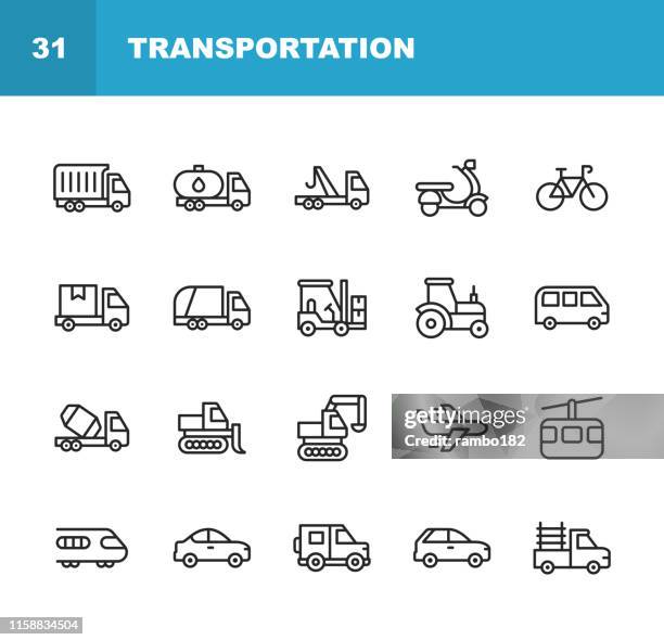 transportlinie icons. bearbeitbarer strich. pixel perfekt. für mobile und web. enthält symbole wie lkw, motorrad, fahrrad, traktor, flugzeug, zug, fahrzeug, transport. - forklift stock-grafiken, -clipart, -cartoons und -symbole