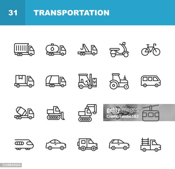 ilustrações, clipart, desenhos animados e ícones de linha ícones do transporte. traçado editável. pixel perfeito. para mobile e web. contem tais ícones como o caminhão, velomotor, bicicleta, trator, plano, trem, veículo, transporte. - tractor