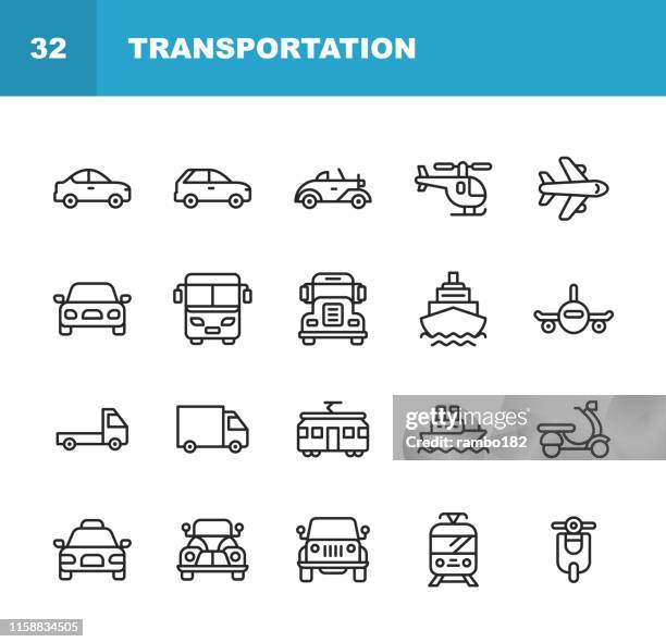 illustrations, cliparts, dessins animés et icônes de icônes de ligne de transport. accident vasculaire cérébral modifiable. pixel parfait. pour mobile et web. contient des icônes telles que hélicoptère, avion, voiture, transport, véhicule, bateau, train, tram, bateau de croisière. - véhicule terrestre