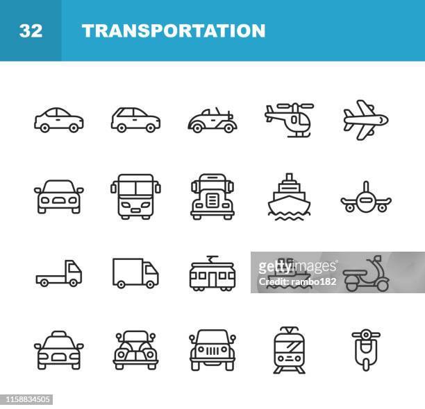 transportation line icons. editable stroke. pixel perfect. for mobile and web. contains such icons as helicopter, plane, car, transport, vehicle, boat, train, tram, cruise ship. - land vehicle stock illustrations