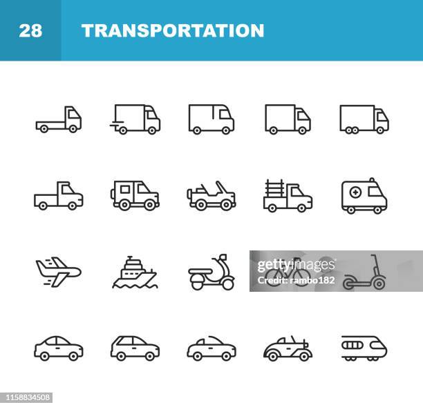 輸送ラインアイコン。編集可能なストローク。ピクセルパーフェクト。モバイルとウェブ用。トラック、車、車両、出荷、ヨット、飛行機、バイク、自転車などのアイコンが含まれています� - トラック点のイラスト素材／クリップアート素材／マンガ素材／アイコン素材