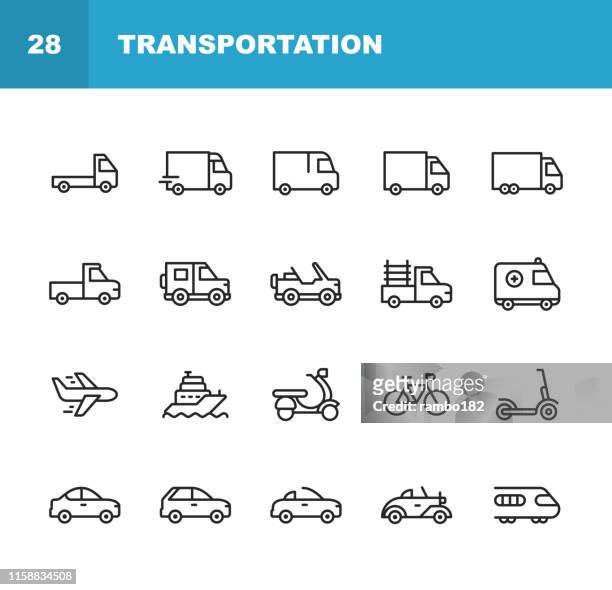 transportation line icons. editable stroke. pixel perfect. for mobile and web. contains such icons as truck, car, vehicle, shipping, sailboat, plane, motorbike, bicycle. - transportation stock illustrations