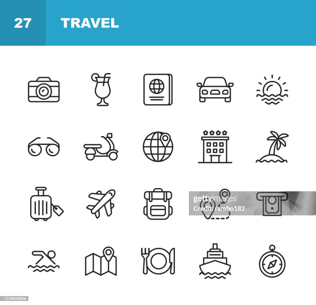 Travel Line Icons. Editable Stroke. Pixel Perfect. For Mobile and Web. Contains such icons as Camera, Cocktail, Passport, Sunset, Plane, Hotel, Cruise Ship, ATM, Palm Tree, Backpack, Restaurant.