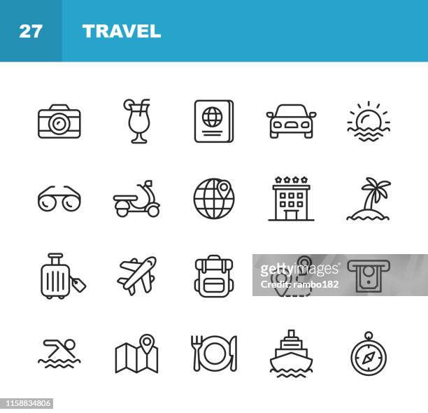 travel line icons. editable stroke. pixel perfect. for mobile and web. contains such icons as camera, cocktail, passport, sunset, plane, hotel, cruise ship, atm, palm tree, backpack, restaurant. - holiday stock illustrations
