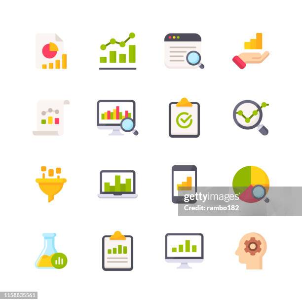 data analytics flat icons. material design icons. pixel perfect. for mobile and web. contains such icons as data analytics, financial report, statistics, economy, bar chart, pie chart. - magnifying glass laptop stock illustrations