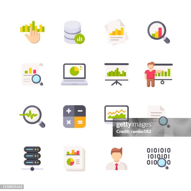 data analytics flat icons. material design icons. pixel perfect. for mobile and web. contains such icons as data analytics, financial report, statistics, economy, bar chart, pie chart. - breaking ground stock illustrations