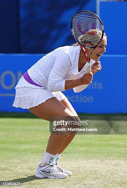 Sabine Lisicki of Germany celebrates winning her semi-final match against Shuai Peng of China during day six of the AEGON Classic at the Edgbaston...