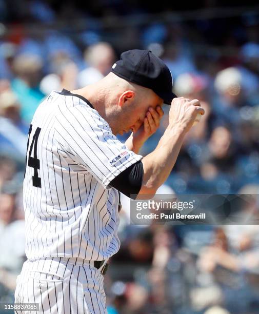 Pitcher J.A. Happ of the New York Yankees reacts in an MLB baseball game against the Houston Astros on June 23, 2019 at Yankee Stadium in the Bronx...