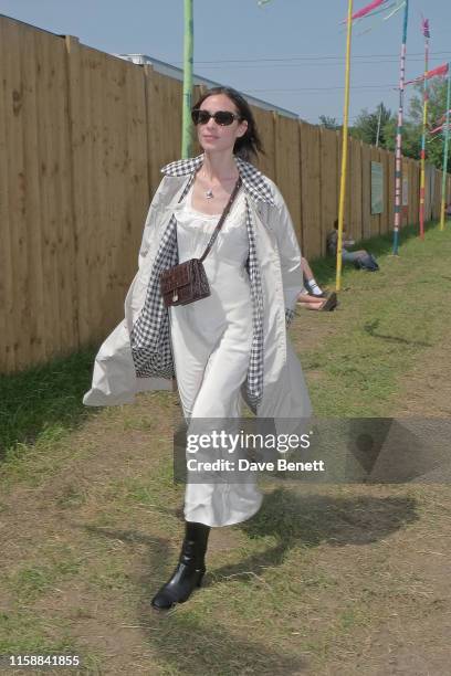 Alexa Chung is seen on day one of the Glastonbury Festival on June 28, 2019 in Glastonbury, England.