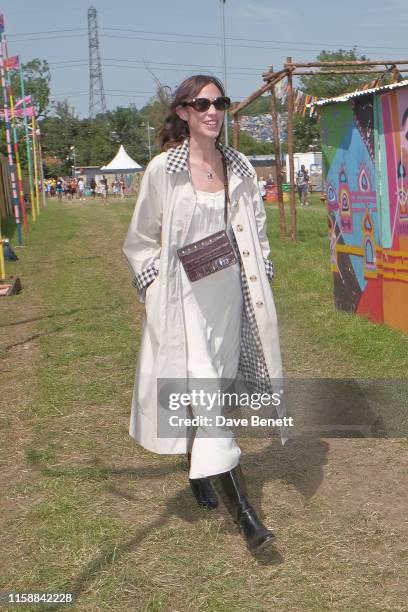 Alexa Chung is seen on day one of the Glastonbury Festival on June 28, 2019 in Glastonbury, England.