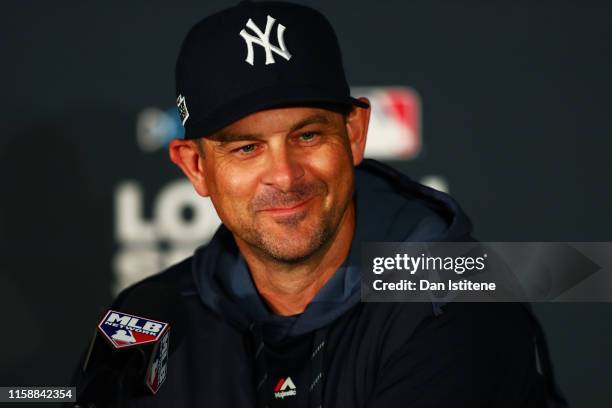 New York Yankees manager Aaron Boone speaks with members of the media during a press conference ahead of the MLB London Series games between Boston...