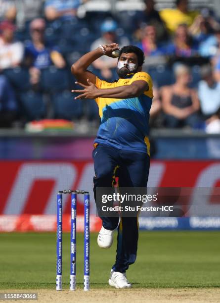 Thisara Perera of Sri Lanka bowls during the Group Stage match of the ICC Cricket World Cup 2019 between Sri Lanka and South Africa at Emirates...