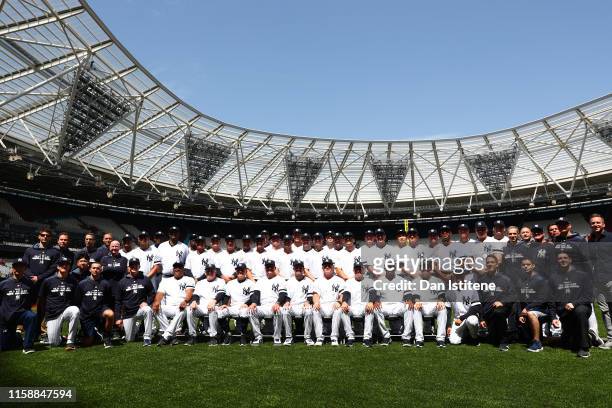 The New York Yankees players line up for a team photograph on the field during previews ahead of the MLB London Series games between Boston Red Sox...