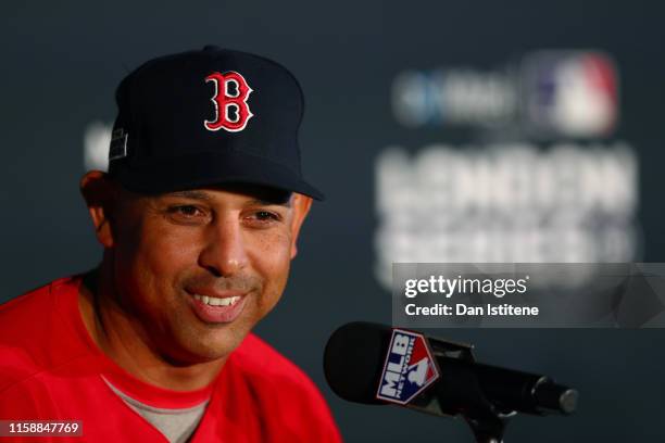 Boston Red Sox manager Alex Cora speaks with members of the media during a press conference ahead of the MLB London Series games between Boston Red...