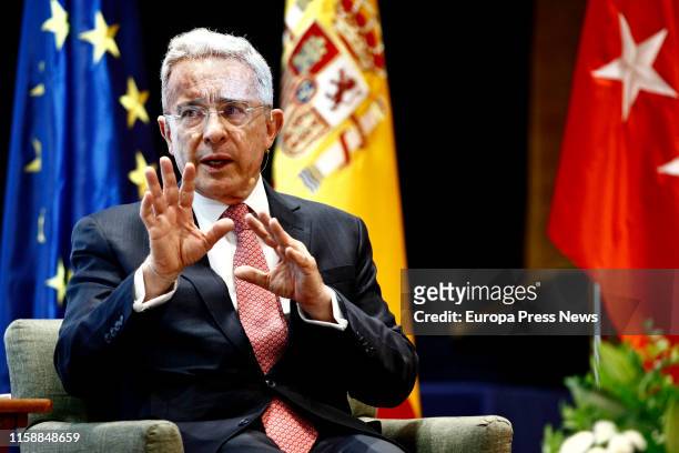 The former president of Colombia Álvaro Uribe, is seen at University Francisco de Vitoria having a dialogue called ‘El perfil político del siglo XXI’...