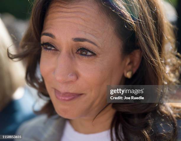 Democratic Presidential candidate, Sen. Kamala Harris as she visits the outside of a detention center for migrant children on June 28, 2019 in...