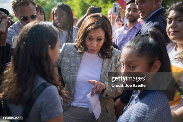 Democratic Presidential candidate, Sen. Kamala Harris as she visits the outside of a detention center for migrant children on June 28, 2019 in...