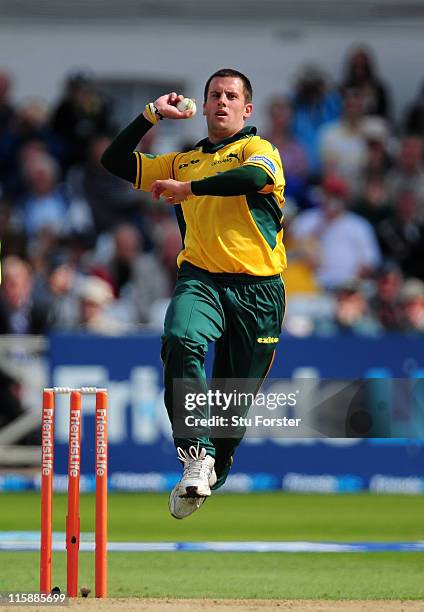 Nottinghamshire bowler Steven Mullaney in action during the Friends Life T20 match between Nottinghamshire and Warwickshire at Trent Bridge on June...